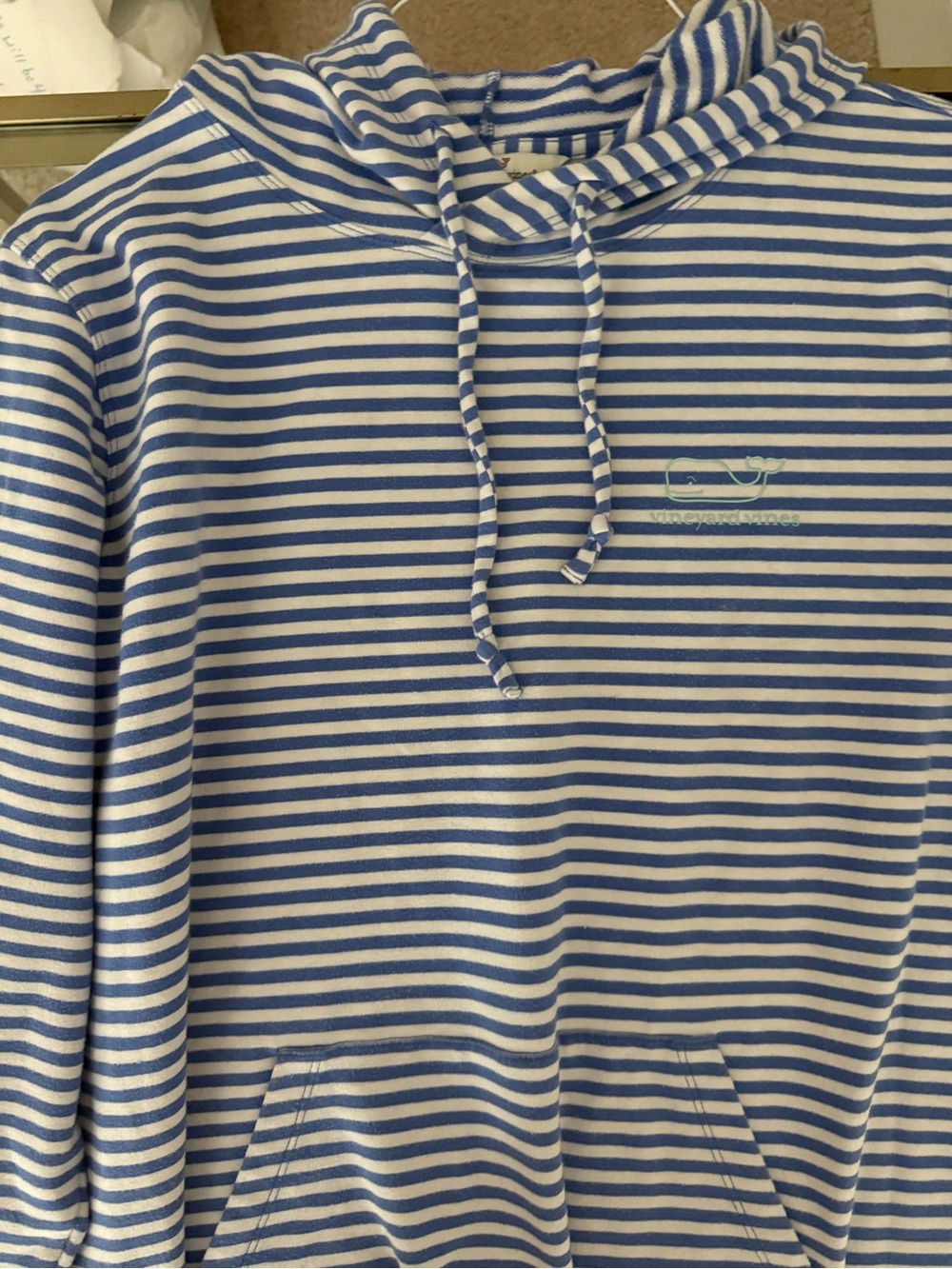 Vineyard Vines Blue and White Striped Hoodie with Whale Emblem